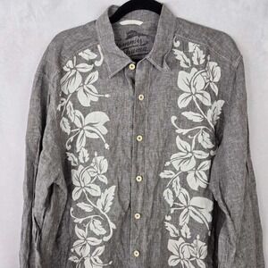 Tommy Bahama Relax Mens L Grey Floral Hibiscus 100% Linen Button Down Shirt
